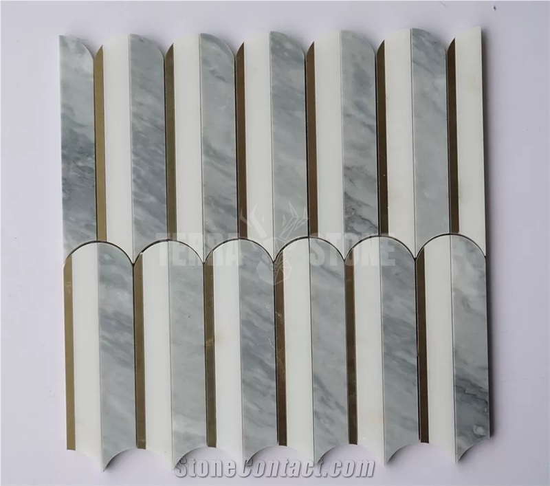 Plumage Shape Gray White Marble Golden Metal Waterjet Mosaic