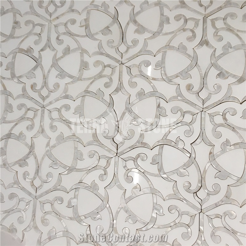 Thassos Crystallina Marble And Mother Pearl Shell Water Jet Flower Mosaic For Wall