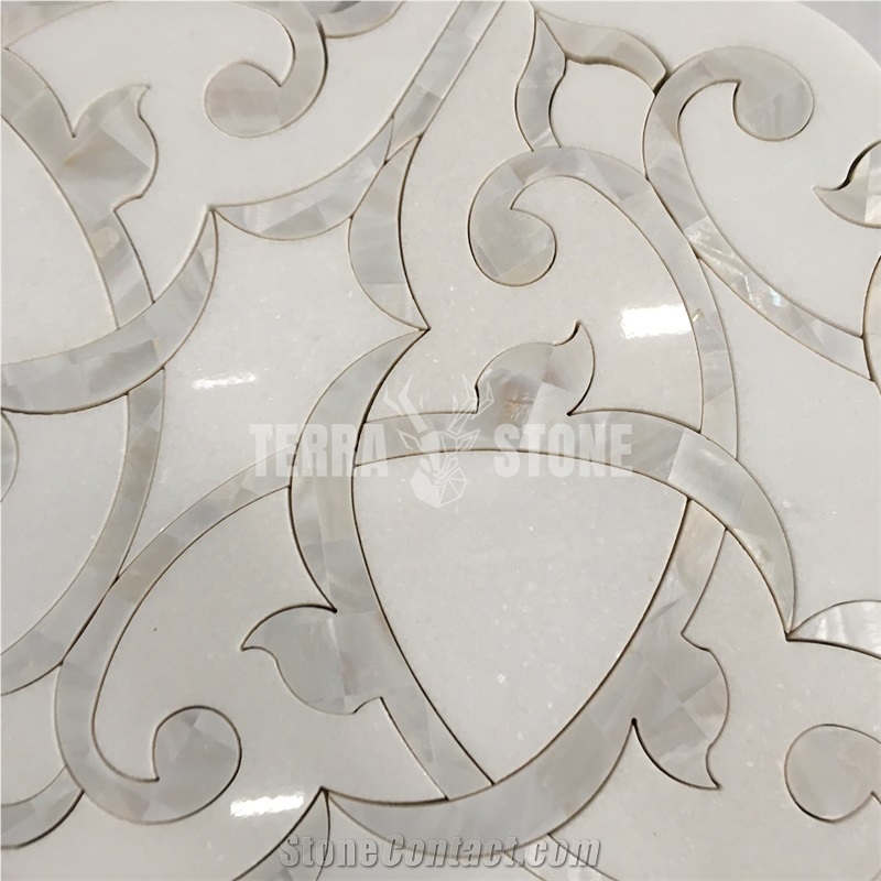 Thassos Crystallina Marble And Mother Pearl Shell Water Jet Flower Mosaic For Wall