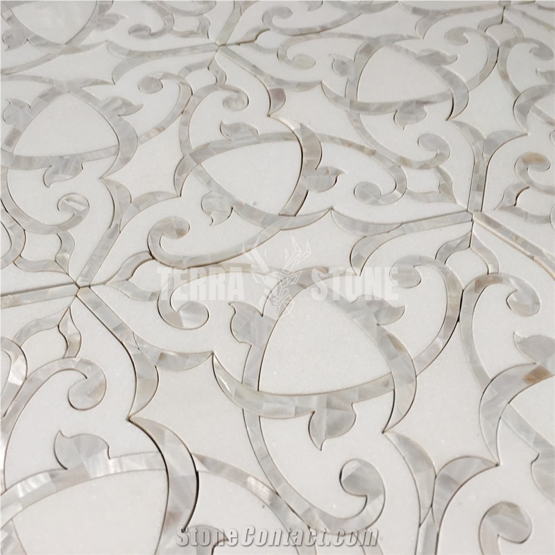 White Marble Shell Flower Pattern Water Jet Mosaic Tile