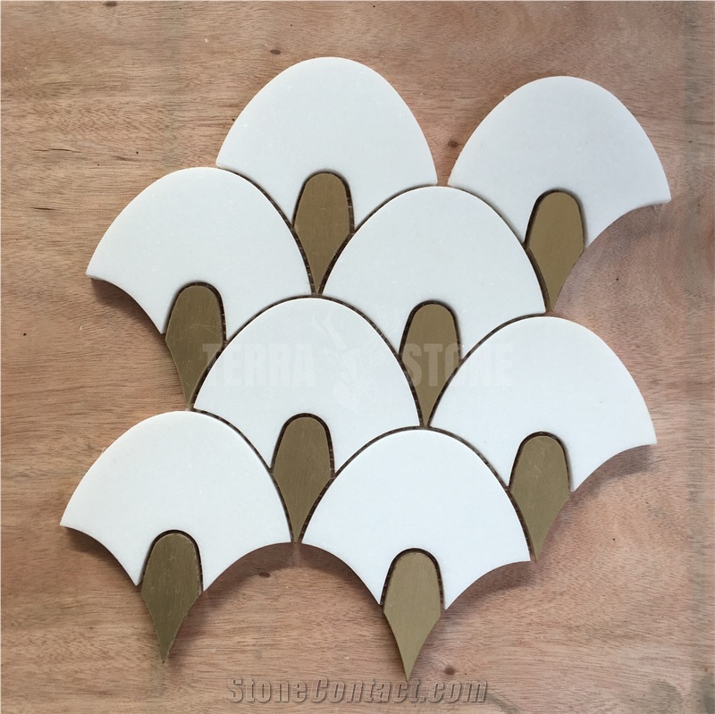 White Marble Tile Fish Scale Mix Brass Mosaic Waterjet Tile