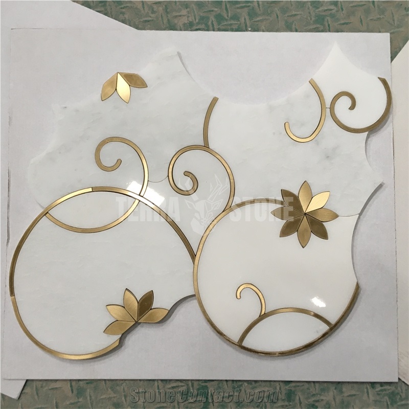 White Marble Waterjet Mosaic Design Mix Gold Brass Flower