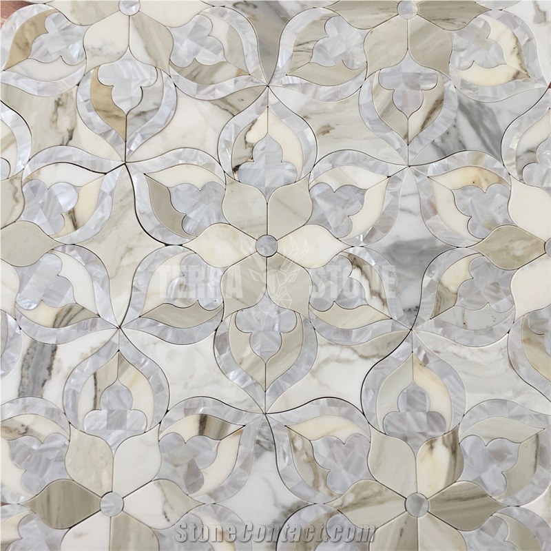 White Stone Mother Of Pearl Shell Water Jet Mosaic Wall Tile