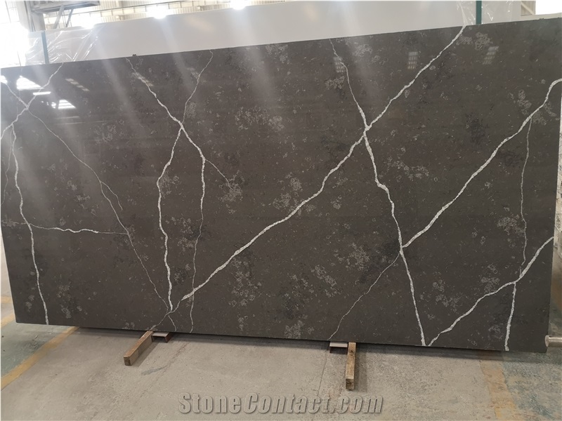 Calacatta Slab Grey Color Glossy Surface Quartz Stone