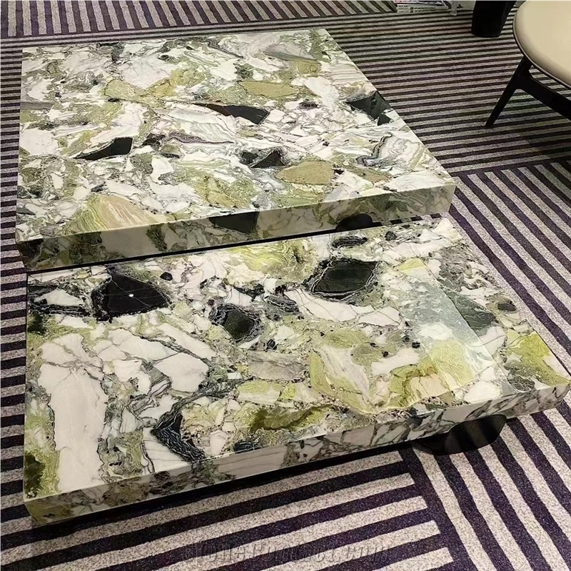 Green Ice Jade Marble Side Table Cubes Cocktail Table