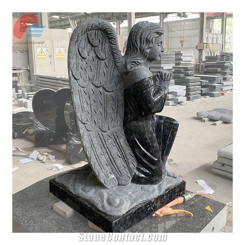Steel Dark Grey Granite Praying Angel Scuplture Headstone