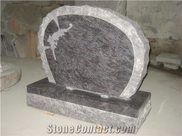 Bahama Blue Rough Engraved Upright Tombstone 03