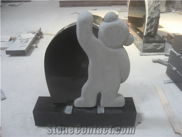 Black Granite Bear Engrave Headstone Monument