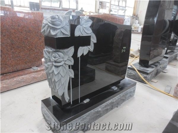 Black Granite Cross Flower Upright Monument 10