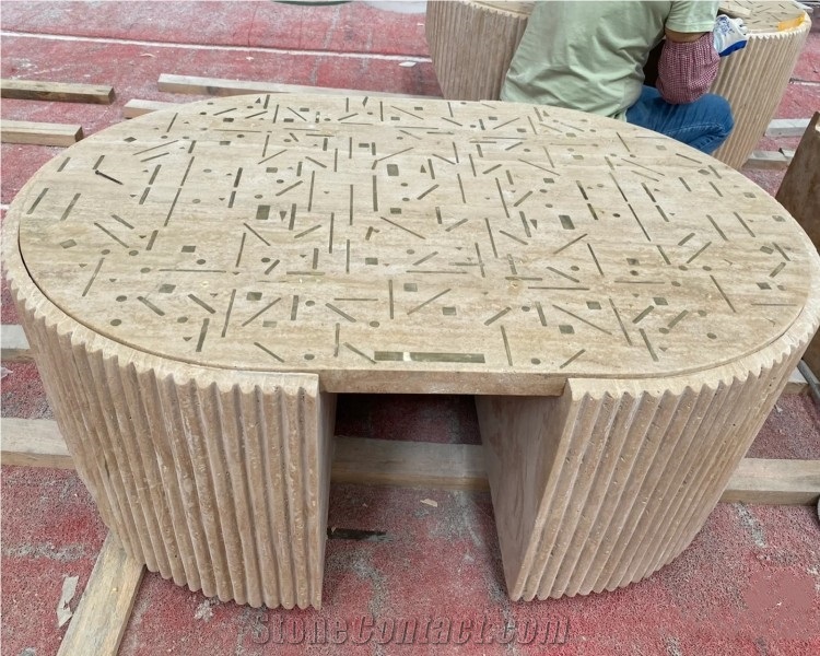 Natural Beige Travertine Coffee Table Solid Stone Table