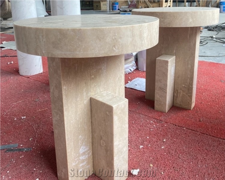 Round Travertine Natural Stone Side Table Display Stand