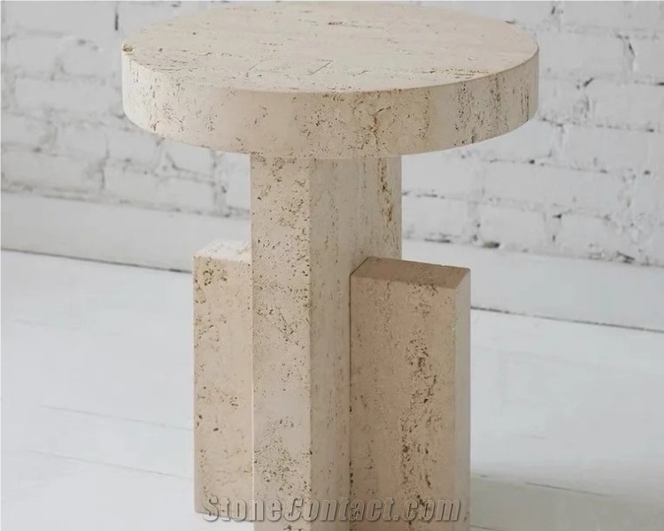 Round Travertine Natural Stone Side Table Display Stand