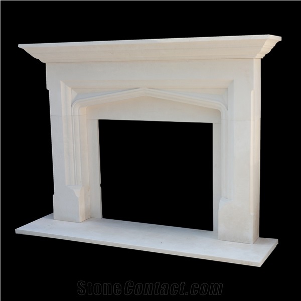 White Limestone Modern Style Living Room  Fireplace Mantel