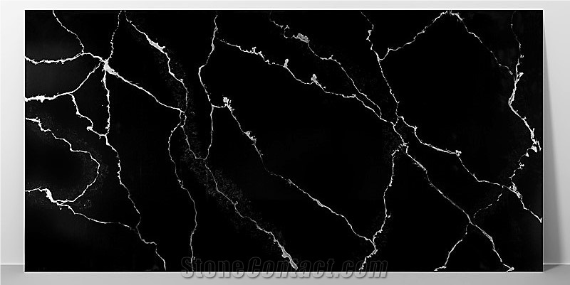 Glossy Black And Modern Calacatta Quartz Slabs 2023 Z-9306