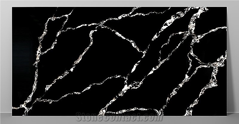 Glossy Black & Modern Calacatta Quartz Slabs 2023 Z-9308