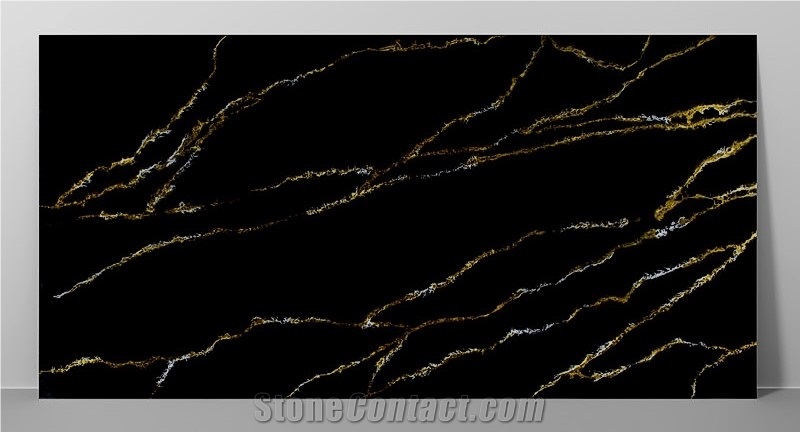 New Texture Dark Glossy Calacatta Quartz Slabs Z-8915