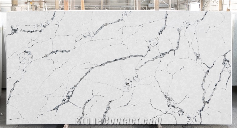 Quartz Stone Slab White Background Color Grey Veins