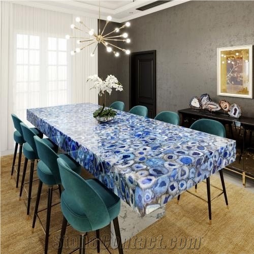 Blue Agate Semiprecious Stone Rectangle Dining Table Top