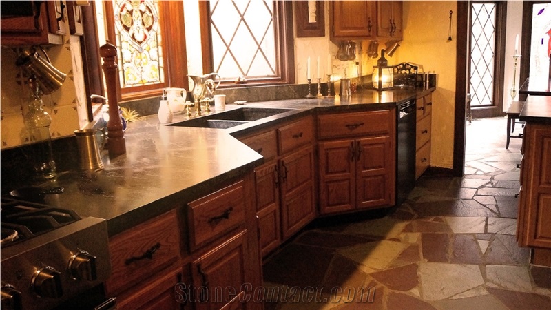 Black Minas Soapstone Kitchen Countertop With Farm Sink