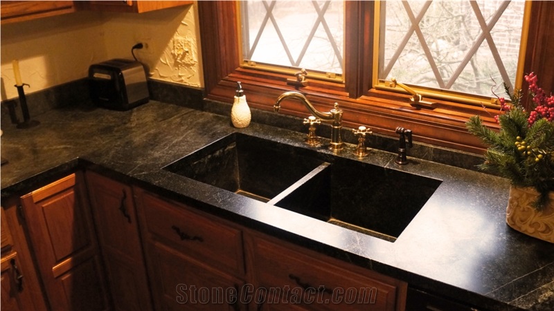 Black Minas Soapstone Kitchen Countertop With Farm Sink