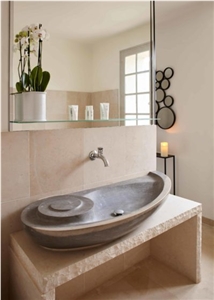 Tavel Gris Bleu Custom Wash Basin-Tavel Beige Limestone Base