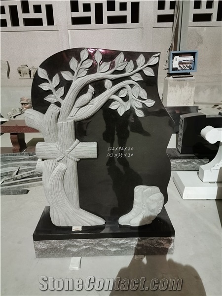 Black Granite Tree Engraved Monument Headstone