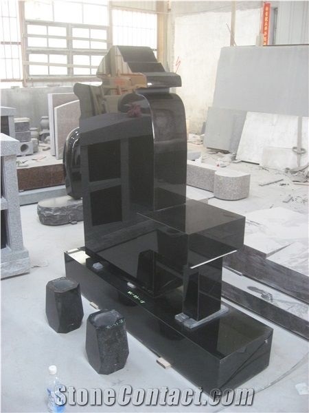 Black Granite Upright Headstone With Bench