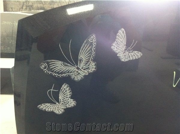 Cemetery Usage Black Headstone With Butterflies Engraved