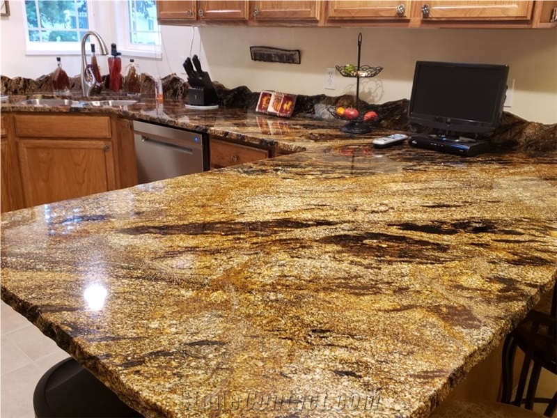 Sedna Gold Granite Kitchen Countertop With Custom Backsplash