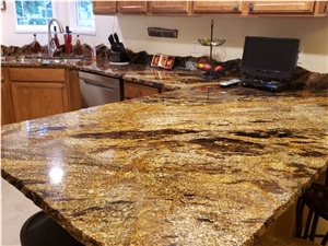 Sedna Gold Granite Kitchen Countertop With Custom Backsplash