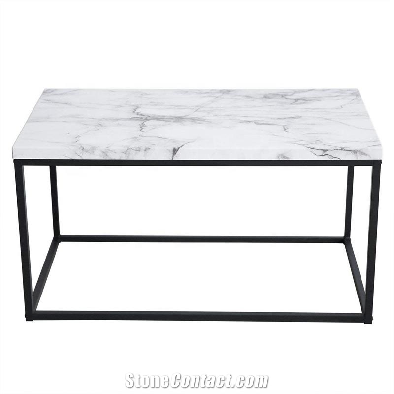 White Marble Table Top With Wood Base For Living Room