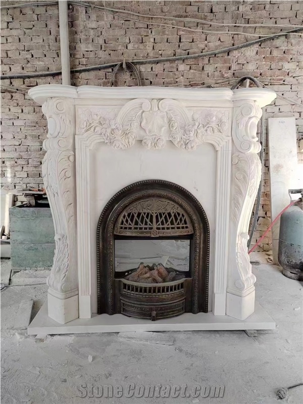 Carved Marble White Jade Indoor Fireplace Insert Mantel