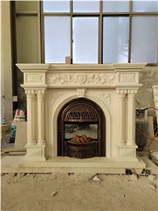 Carved White Limestone Indoor Fireplace Hearth Mantel