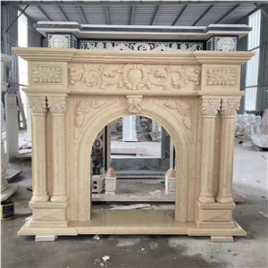 Marble Design Sunny Beige Carved Indoor Fireplace Mantel