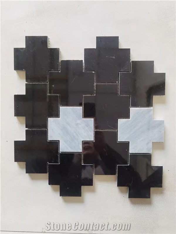 Marble Nero Marquina Water-Jet Cross-Shape Floor Mosaic Tile