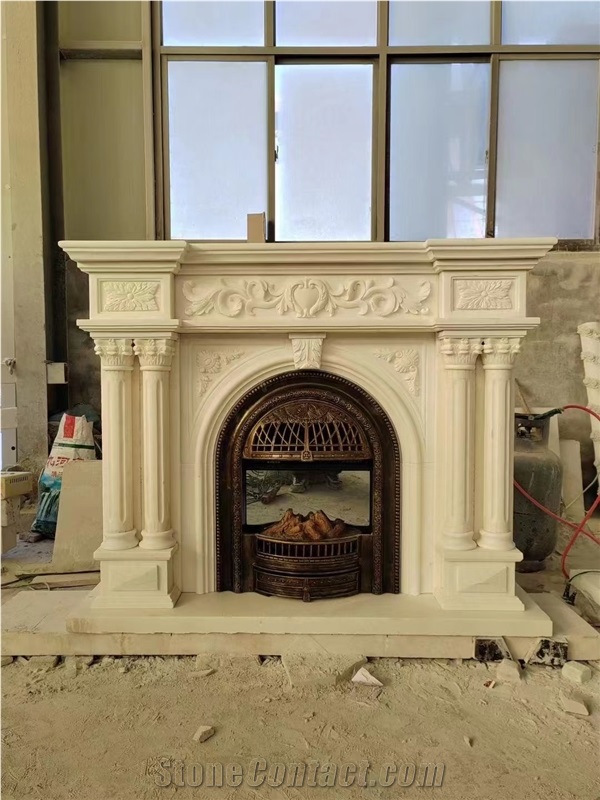 Sculptured Marble White Jade Indoor Fireplace Mantel