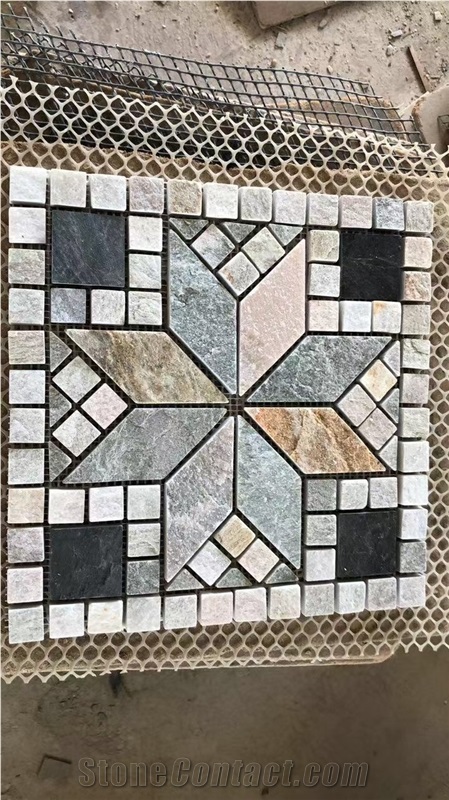 Square Tumbled Grey Quartzite Outdoor Floor Mosaic Medallion