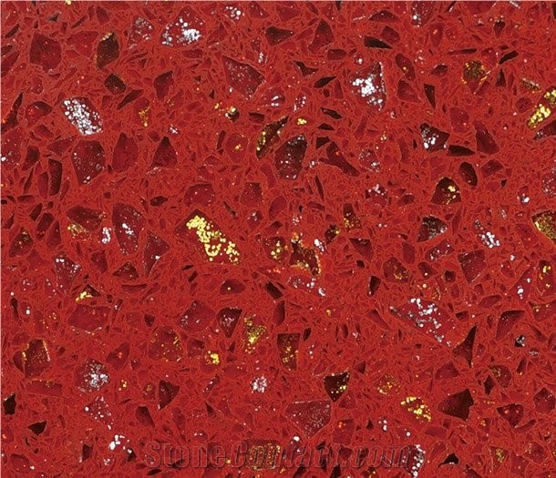 Quartz Stone Slabs With Crystal Grain Red Background