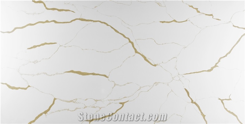 White Color Calacatta Quartz Stone Slab  Golden Veins