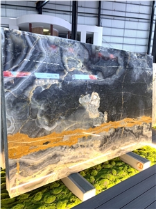 Peacock Ink Grey Onyx With Golden Veins Slabs & Tiles
