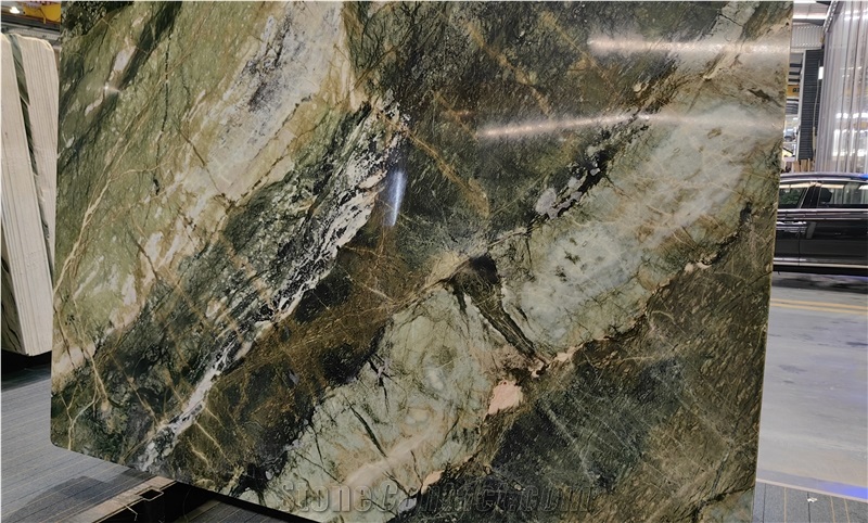 White Golden Yellow Veined And Featured Dark Green Marble