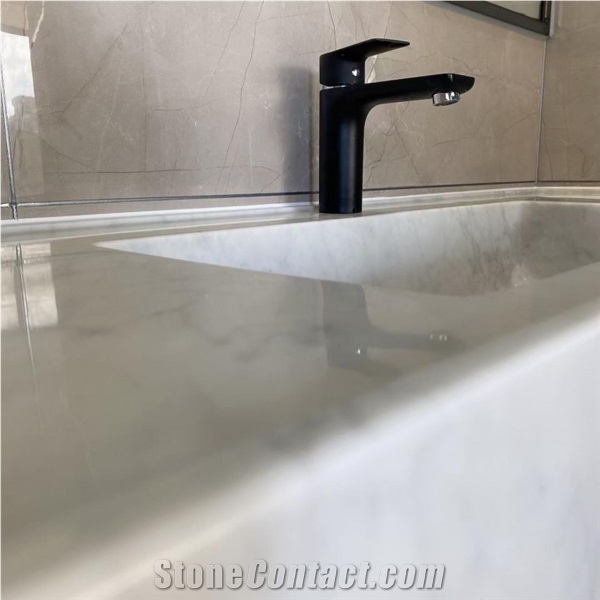 Italian Carrara White Prefab Commercial Bathroom Vanity