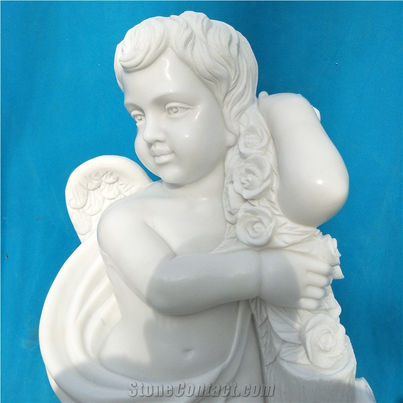 White Marble Sculpture Cherub Winged Angel Stone Statue