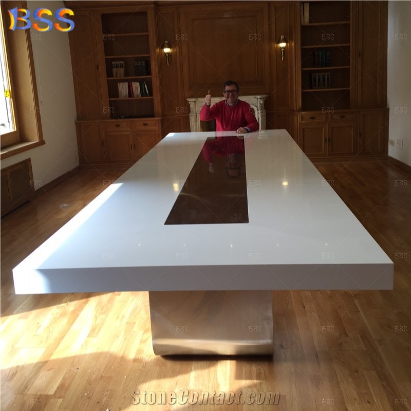10' Conference Table On Sale White Quartz With Power Socket