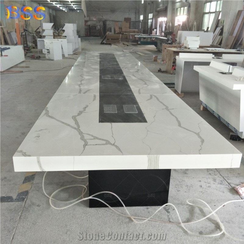 Artificial Marble Large Conference Table With Power Outlet 24' Long