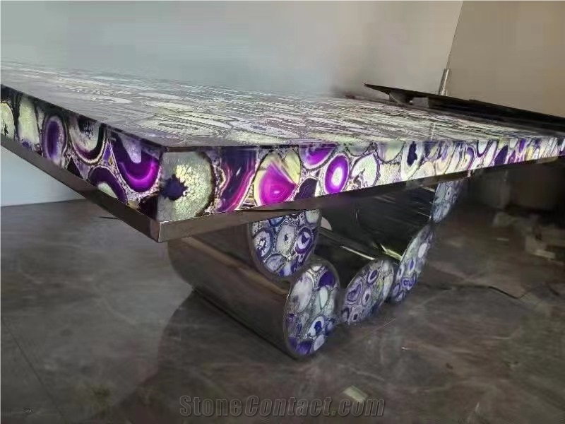 Backlit Blue Agate Dining Table Semiprecious Stone Furniture