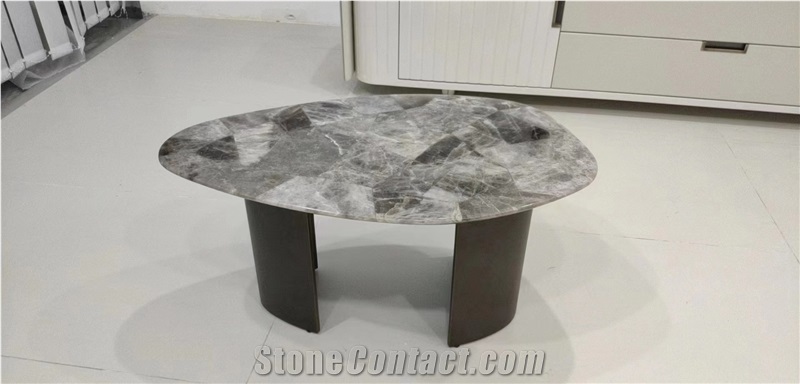 Grey Amethyst Semiprecious Stone Coffee Table Top With Metal Stands Furniture