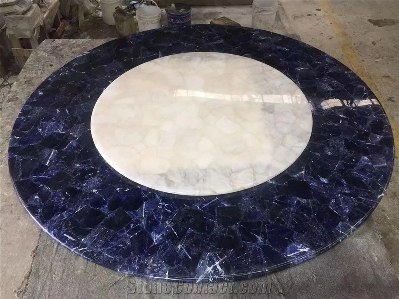 Round White Semi-Precious Quartz Table Blue Amethyst Dining