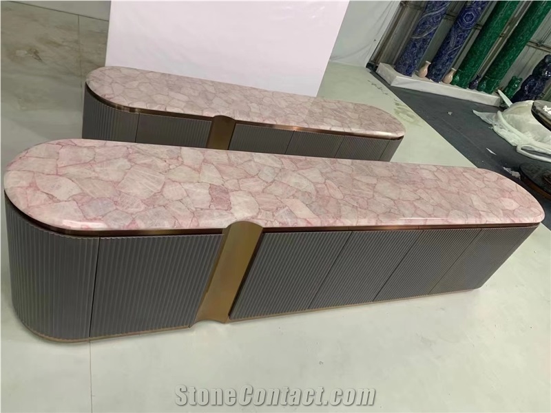 Semiprecious Stone Coffee Table Rose Agate Side Cafe Table