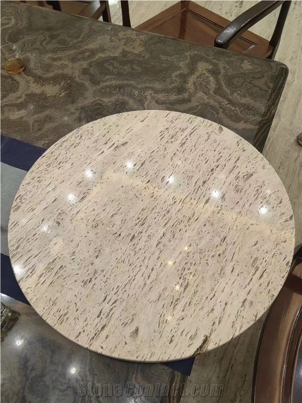 Honed Unfilled Holes Beige Travertine Round Cafe Table Tops